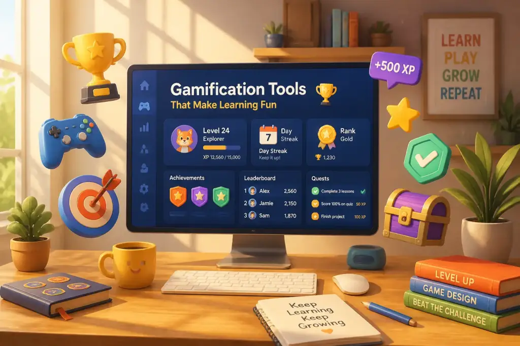 Editorial illustration showing gamification tools that make learning fun