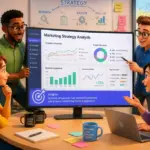 A marketing team analyzing strategies on a large screen with charts
