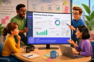 A marketing team analyzing strategies on a large screen with charts