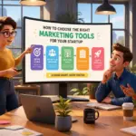 A diverse team choosing marketing tools in a modern office setting