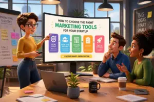 A diverse team choosing marketing tools in a modern office setting
