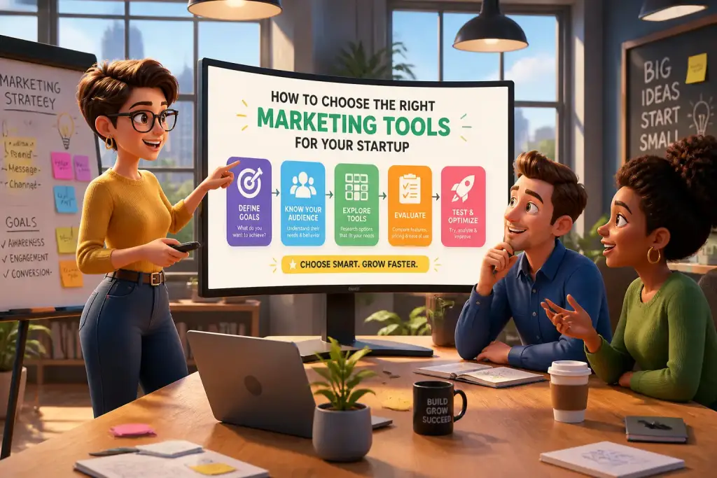 A diverse team choosing marketing tools in a modern office setting