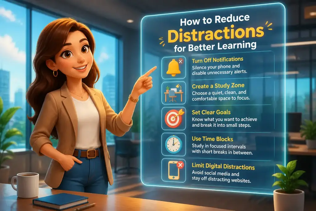 Editorial illustration showing how to reduce distractions for better learning