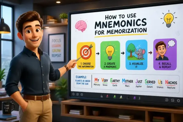 Editorial illustration showing how to use mnemonics for memorization