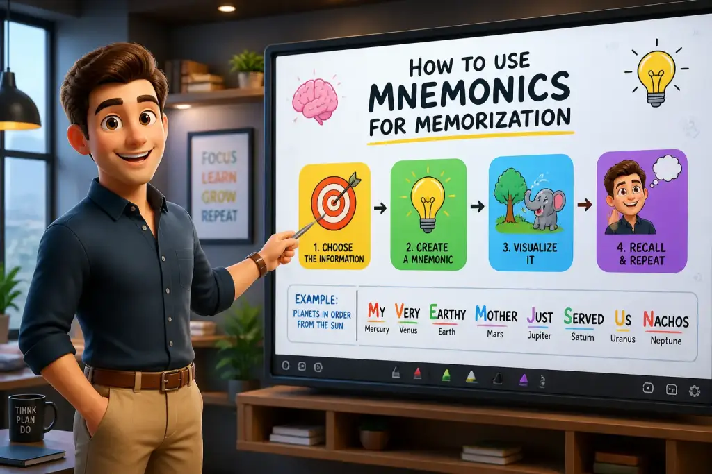 Editorial illustration showing how to use mnemonics for memorization