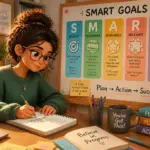A student setting SMART goals in a bright study space with notebooks