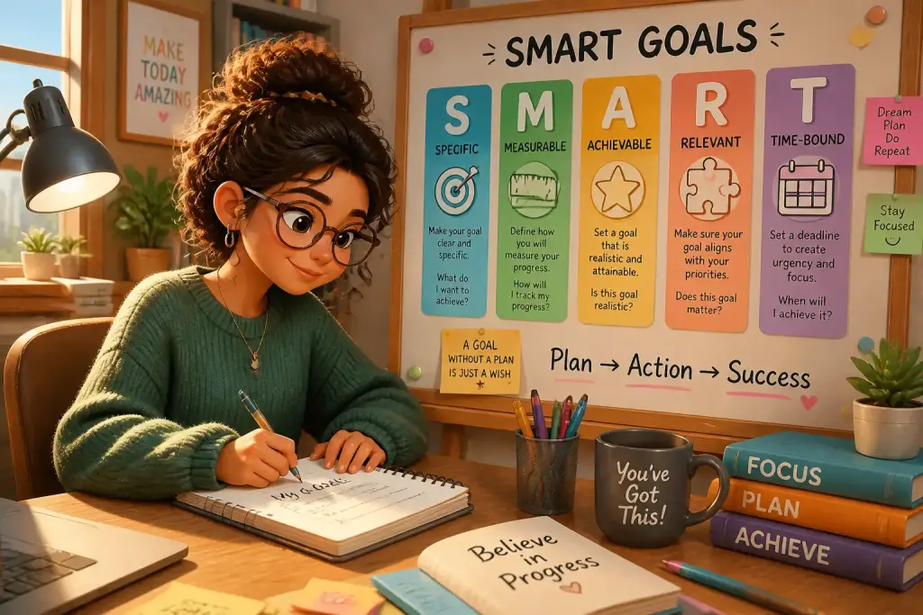 A student setting SMART goals in a bright study space with notebooks