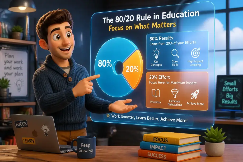 Editorial illustration showing the 80/20 rule in education: focus on what matters