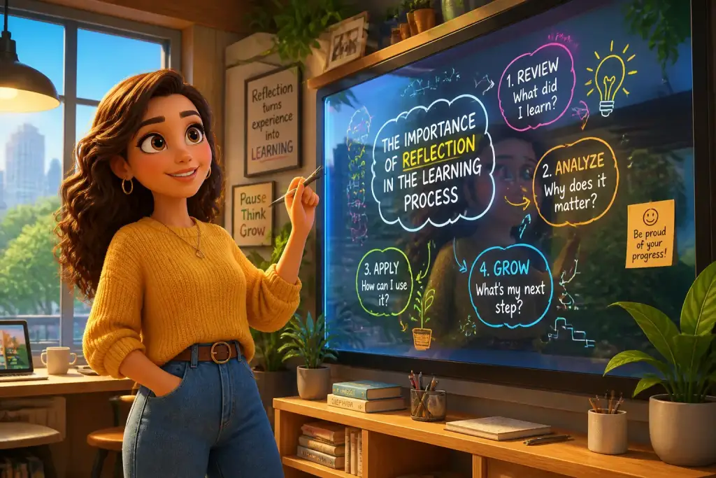 Editorial illustration showing the importance of reflection in the learning process