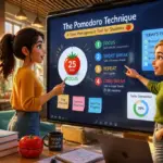 Editorial illustration showing the pomodoro technique: a time management tool for students