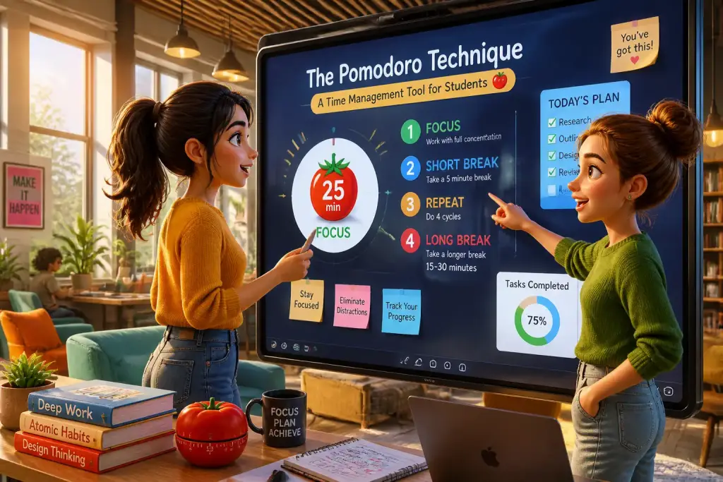 Editorial illustration showing the pomodoro technique: a time management tool for students