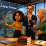A startup team collaborating with CRM tools on a big screen