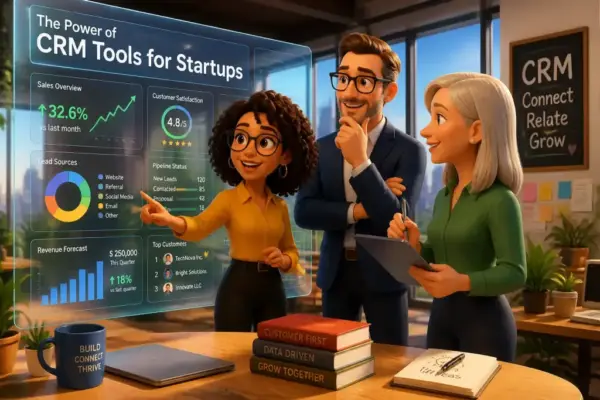 A startup team collaborating with CRM tools on a big screen