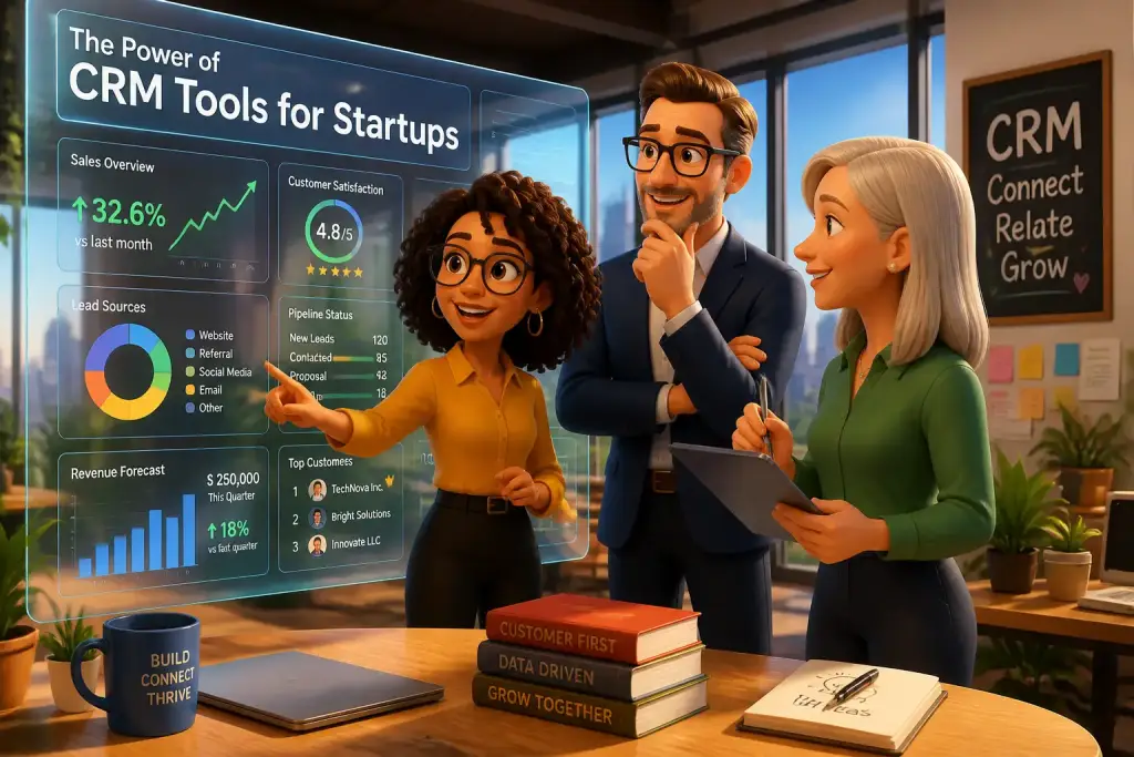 A startup team collaborating with CRM tools on a big screen