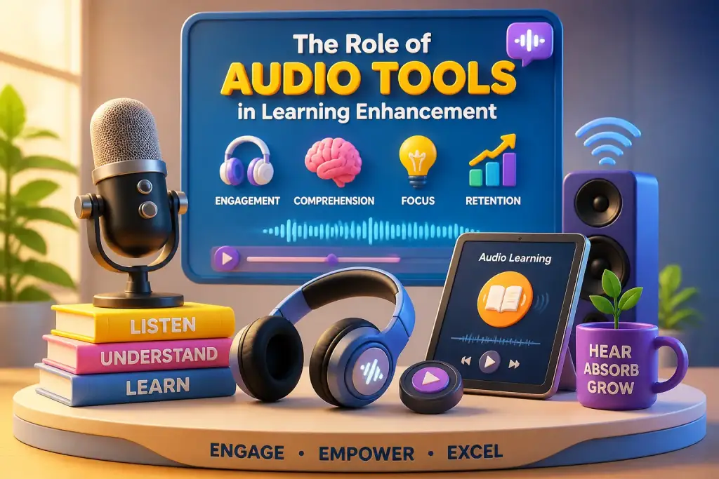 Editorial illustration showing the role of audio tools in learning enhancement